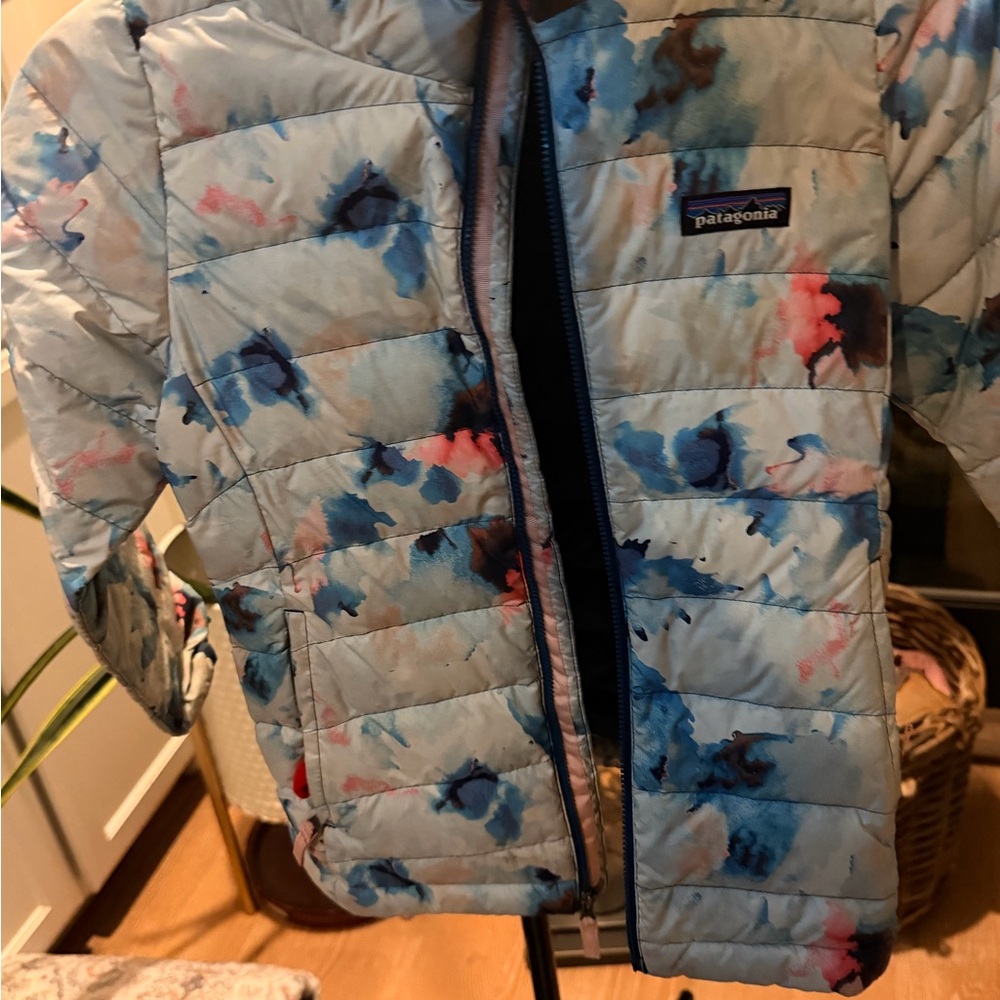 Patagonia Kids Puffer Jacket in Light Blue with Navy & Pink Accents